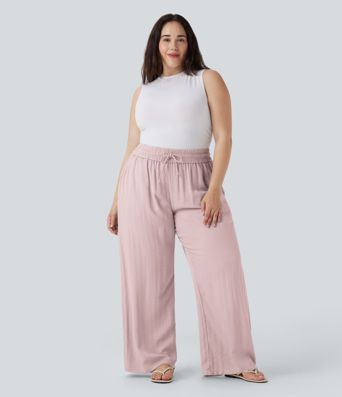 High Waisted Drawstring Linen-Feel Wide Leg Casual Plus Size Pants with Pockets