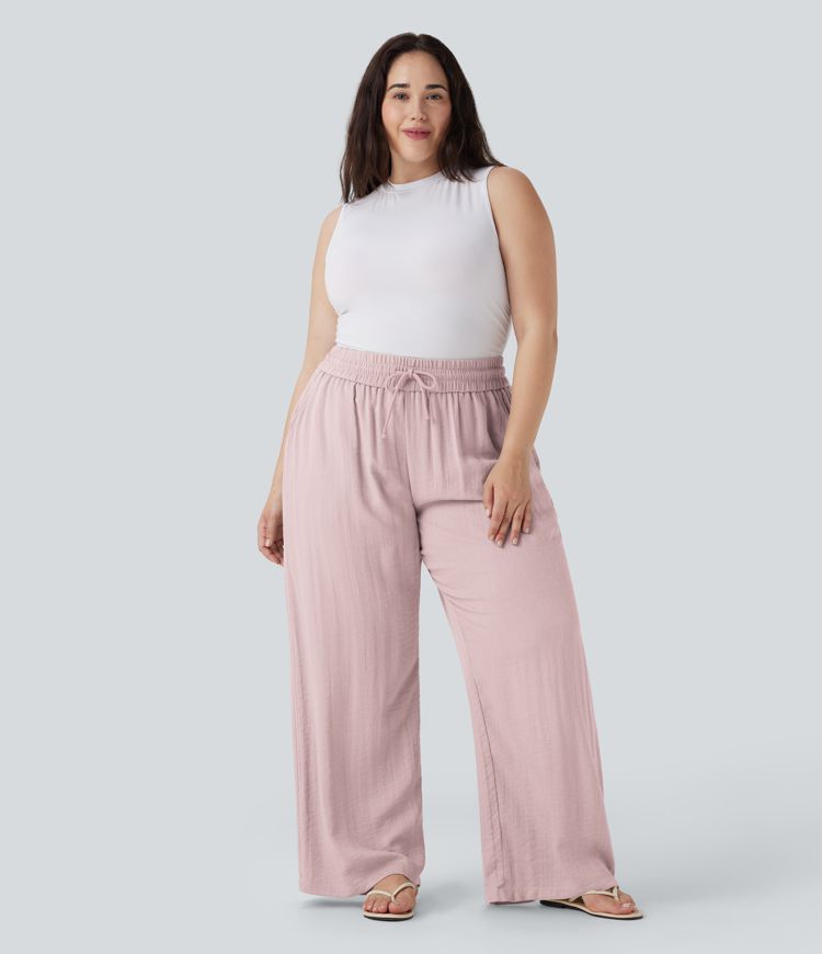 High Waisted Drawstring Linen-Feel Wide Leg Casual Plus Size Pants with Pockets