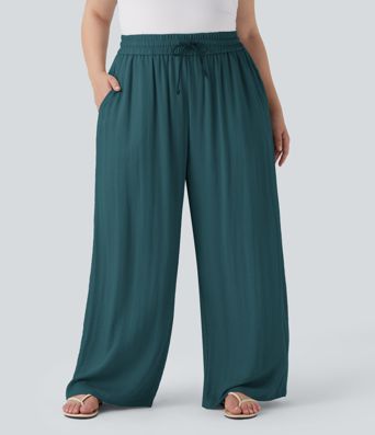 High Waisted Drawstring Linen-Feel Wide Leg Casual Plus Size Pants with Pockets