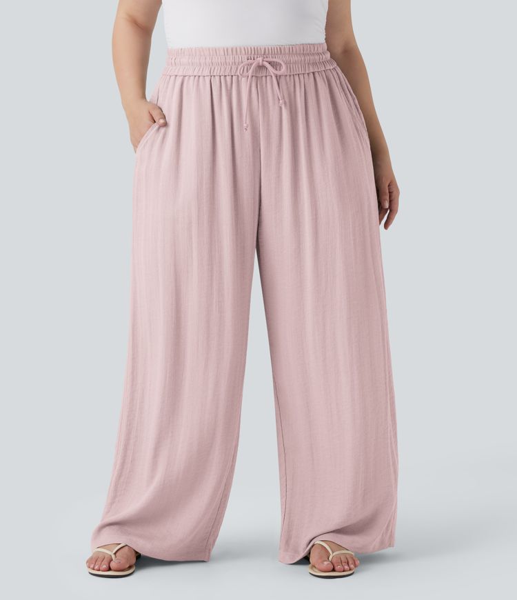 High Waisted Drawstring Linen-Feel Wide Leg Casual Plus Size Pants with Pockets