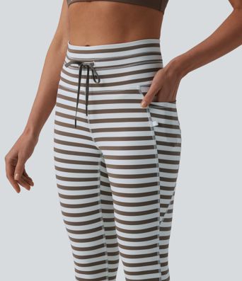 Yoga-Leggings mit hohem Bund, Seitentaschen, Kordelzug und Streifen