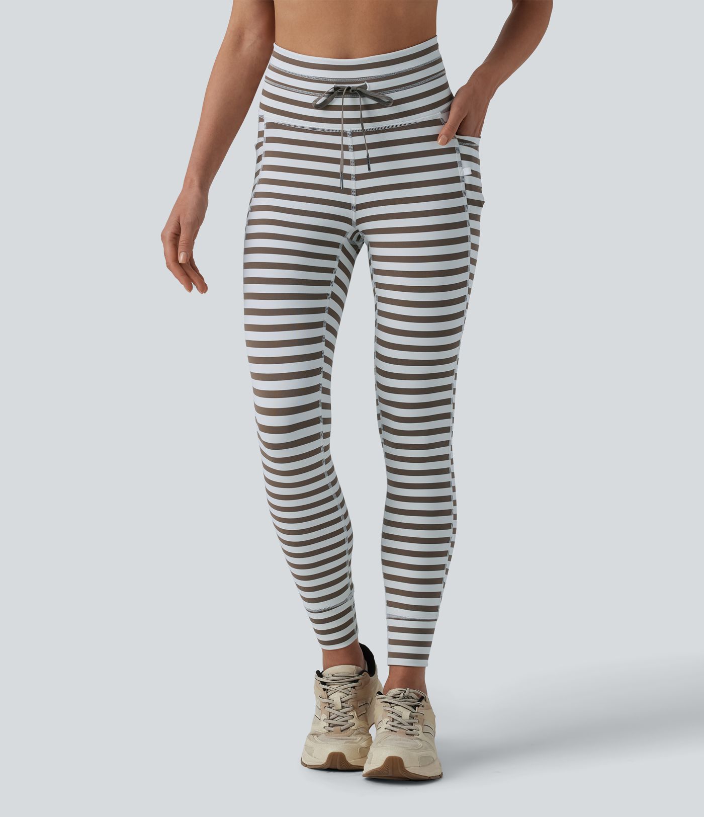 Yoga-Leggings mit hohem Bund, Seitentaschen, Kordelzug und Streifen