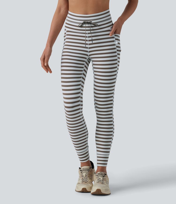 Yoga-Leggings mit hohem Bund, Seitentaschen, Kordelzug und Streifen