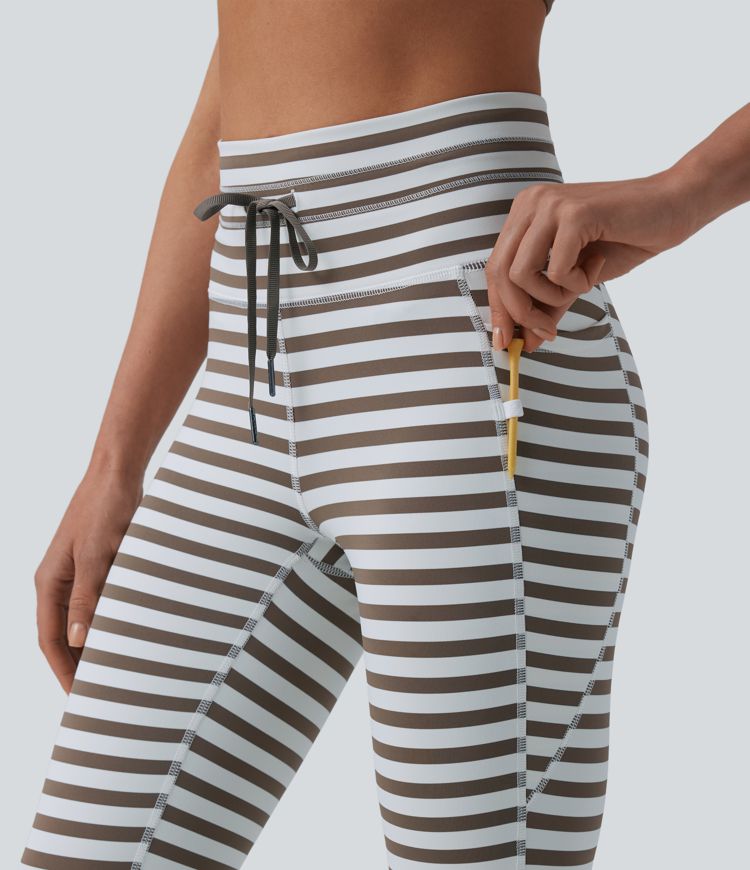 Yoga-Leggings mit hohem Bund, Seitentaschen, Kordelzug und Streifen