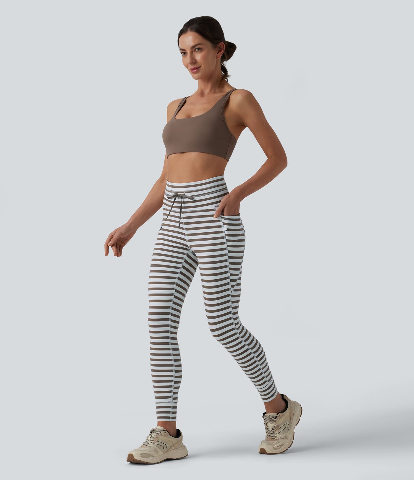 Yoga-Leggings mit hohem Bund, Seitentaschen, Kordelzug und Streifen