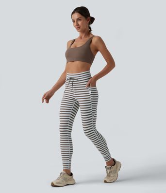 Yoga-Leggings mit hohem Bund, Seitentaschen, Kordelzug und Streifen