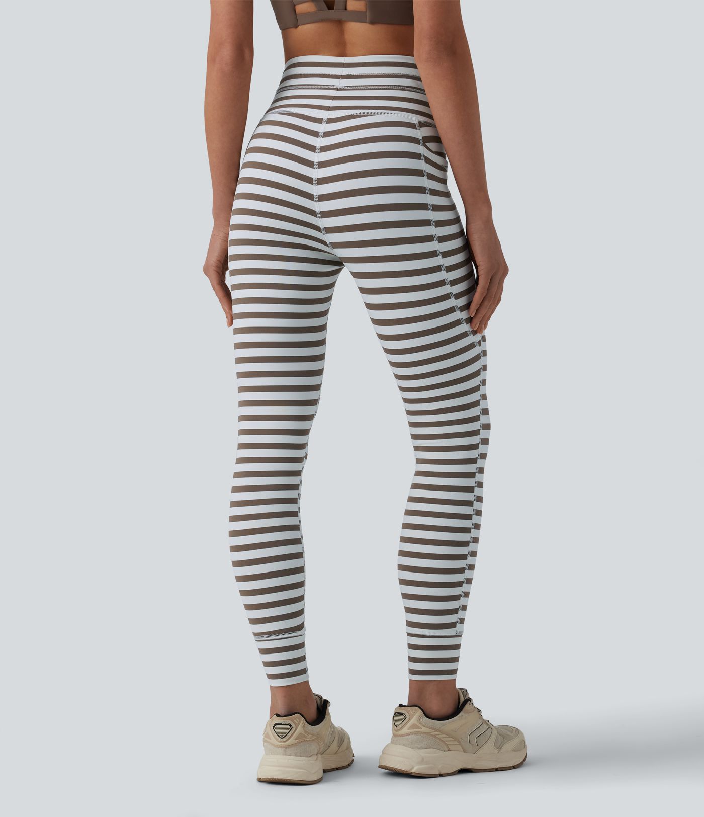 Yoga-Leggings mit hohem Bund, Seitentaschen, Kordelzug und Streifen