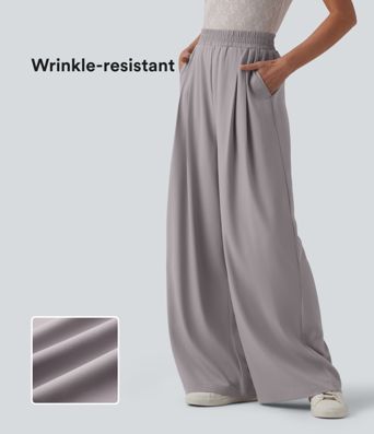 Pantalon décontracté en chiffon, taille haute, à jambes larges, résistant aux plis, avec poches