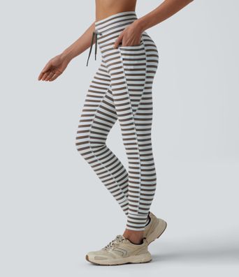 Yoga-Leggings mit hohem Bund, Seitentaschen, Kordelzug und Streifen