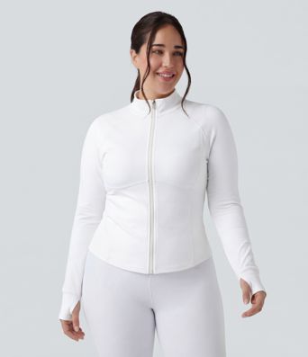 PuffFlex Plus Size 3-in-1 Stand Collar Casual Cropped Puffer Coat & Thumb Holes Curved Hem Jacket with Pockets