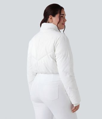 PuffFlex Plus Size 3-in-1 Stand Collar Casual Cropped Puffer Coat & Thumb Holes Curved Hem Jacket with Pockets