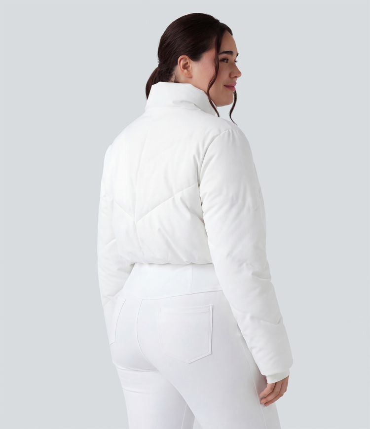 PuffFlex Plus Size 3-in-1 Stand Collar Casual Cropped Puffer Coat & Thumb Holes Curved Hem Jacket with Pockets