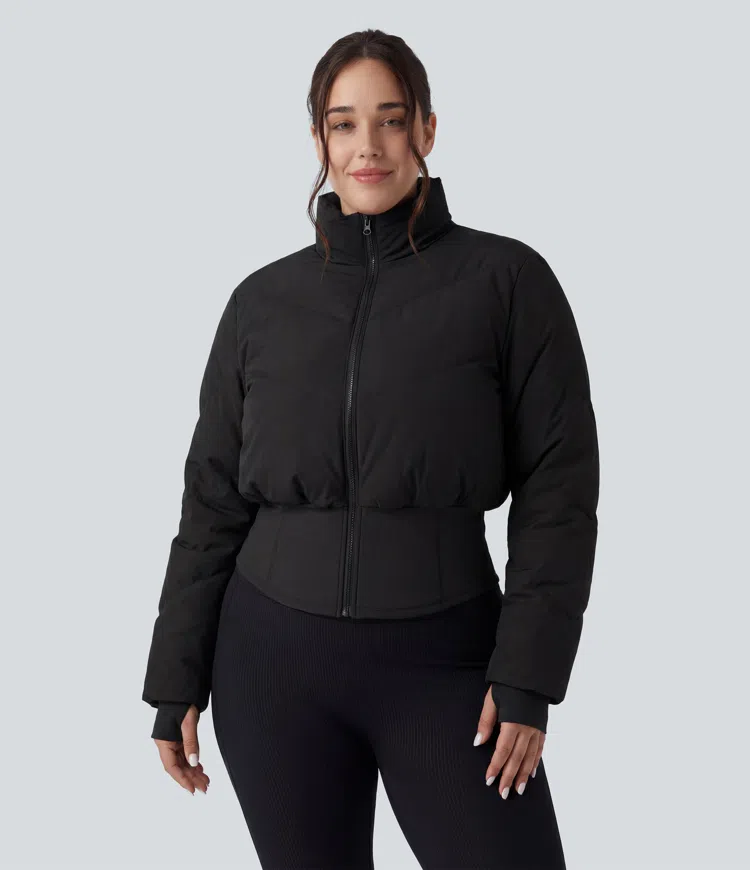 PuffFlex Plus Size 3-in-1 Stand Collar Casual Cropped Puffer Coat & Thumb Holes Curved Hem Jacket with Pockets