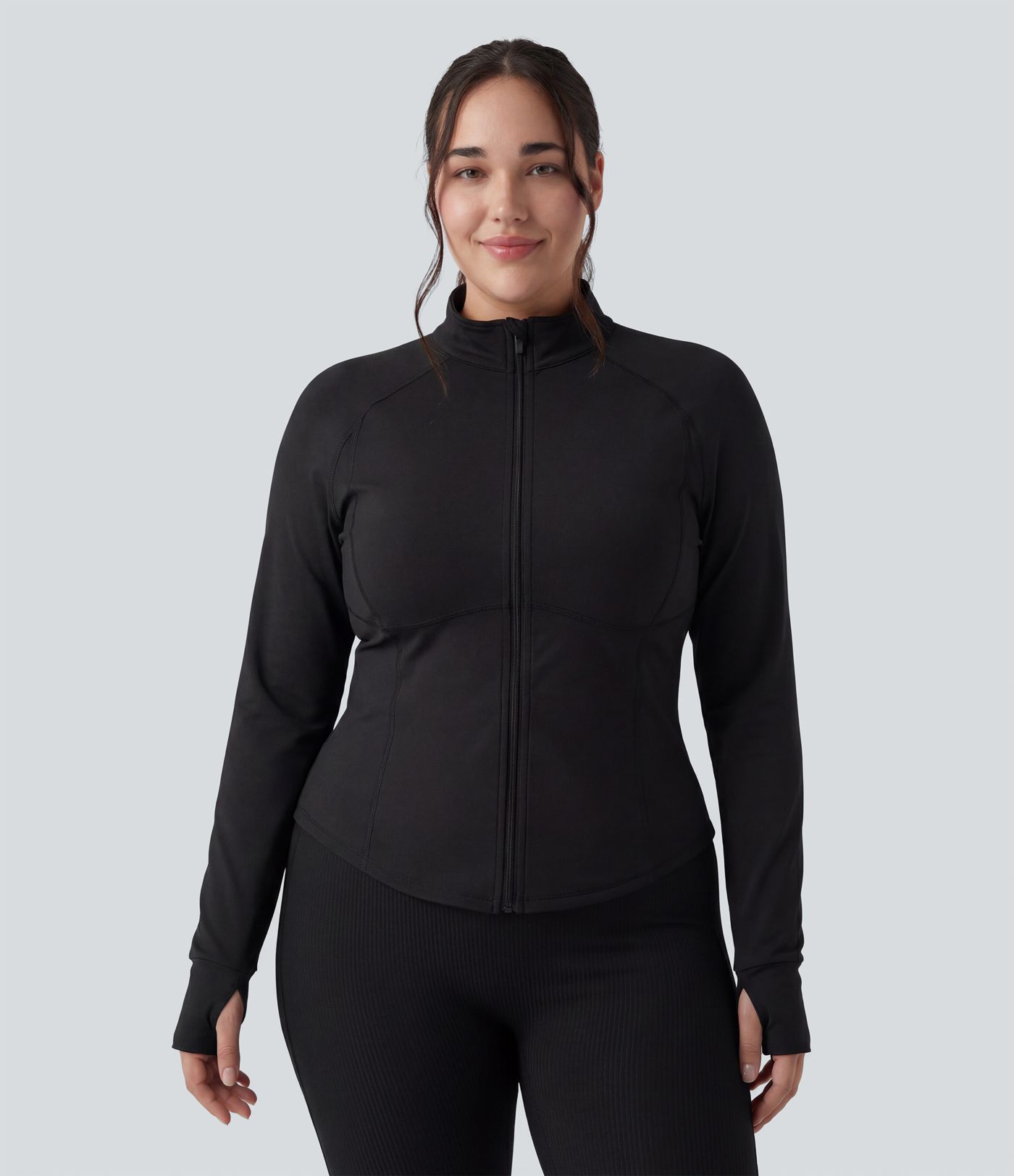 PuffFlex Plus Size 3-in-1 Stand Collar Casual Cropped Puffer Coat & Thumb Holes Curved Hem Jacket with Pockets