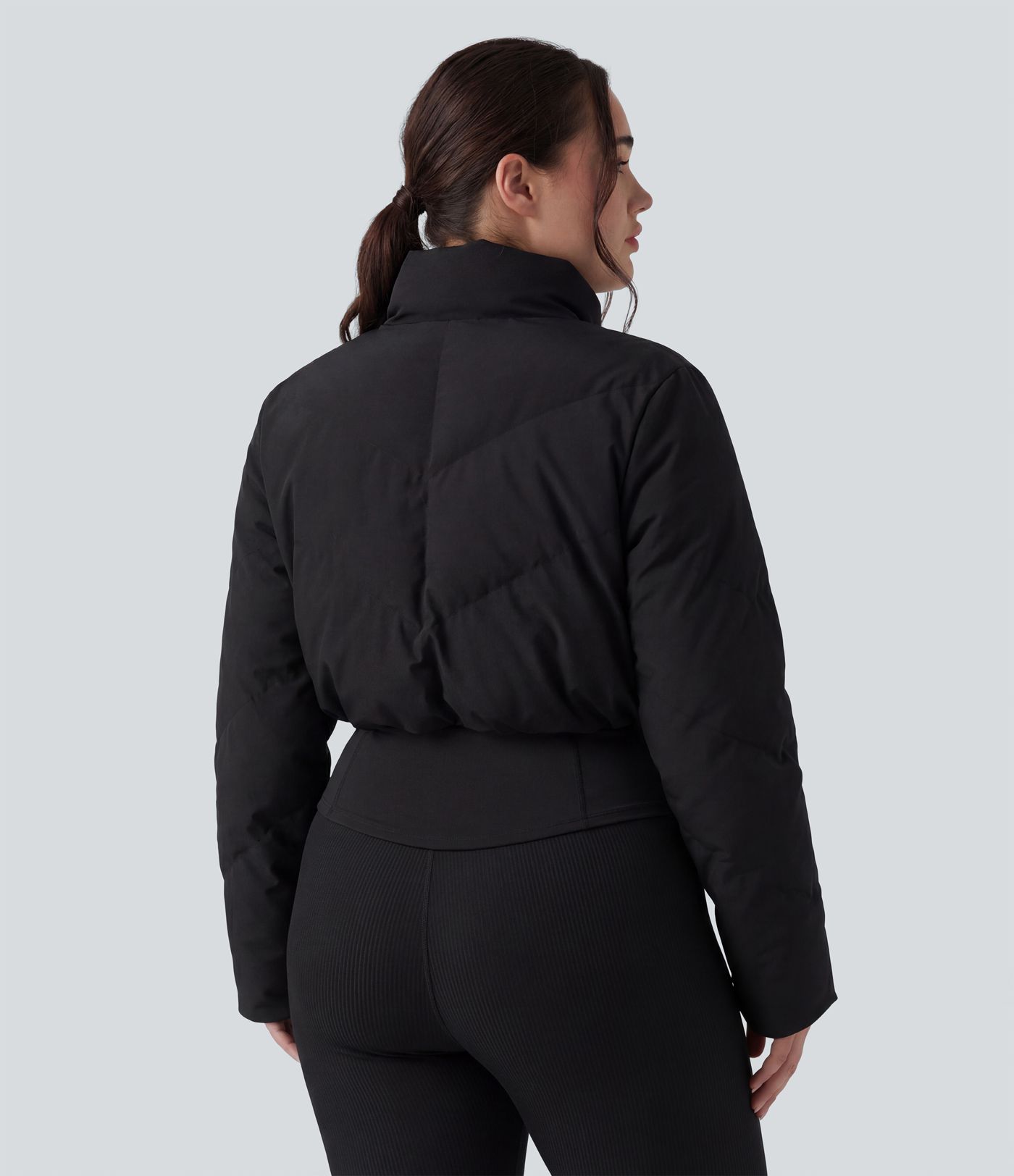 PuffFlex Plus Size 3-in-1 Stand Collar Casual Cropped Puffer Coat & Thumb Holes Curved Hem Jacket with Pockets