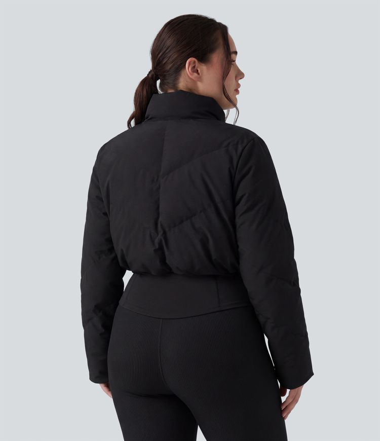 PuffFlex Plus Size 3-in-1 Stand Collar Casual Cropped Puffer Coat & Thumb Holes Curved Hem Jacket with Pockets