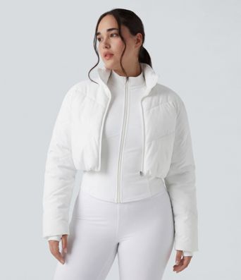 PuffFlex Plus Size 3-in-1 Stand Collar Casual Cropped Puffer Coat & Thumb Holes Curved Hem Jacket with Pockets