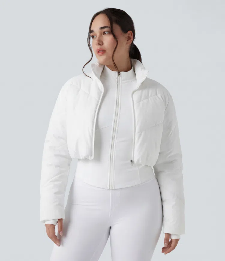 PuffFlex Plus Size 3-in-1 Stand Collar Casual Cropped Puffer Coat & Thumb Holes Curved Hem Jacket with Pockets