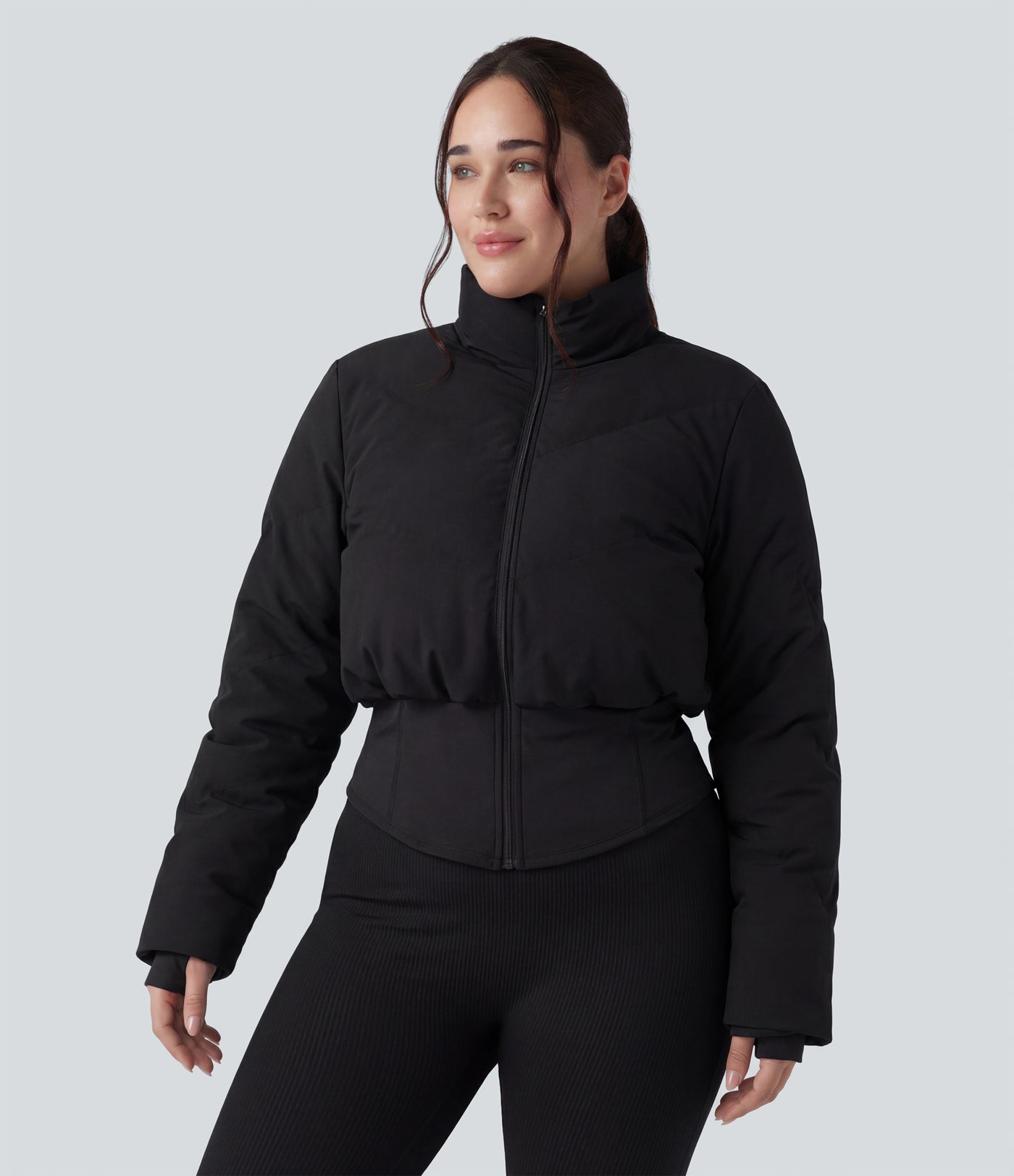 PuffFlex Plus Size 3-in-1 Stand Collar Casual Cropped Puffer Coat & Thumb Holes Curved Hem Jacket with Pockets