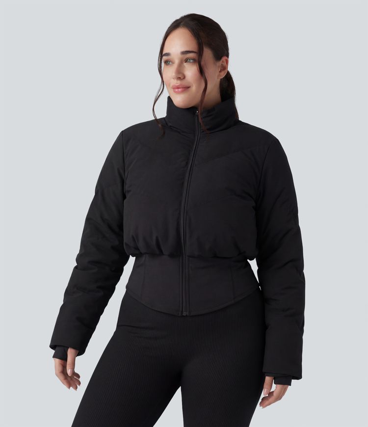 PuffFlex Plus Size 3-in-1 Stand Collar Casual Cropped Puffer Coat & Thumb Holes Curved Hem Jacket with Pockets
