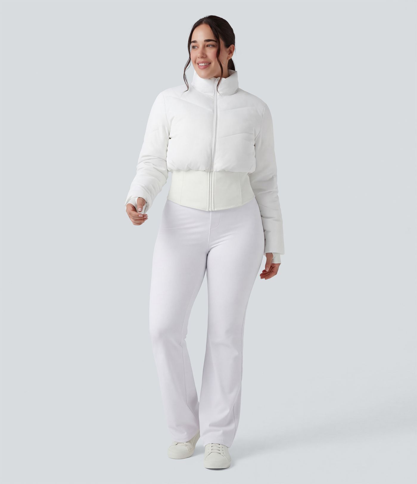 PuffFlex Plus Size 3-in-1 Stand Collar Casual Cropped Puffer Coat & Thumb Holes Curved Hem Jacket with Pockets