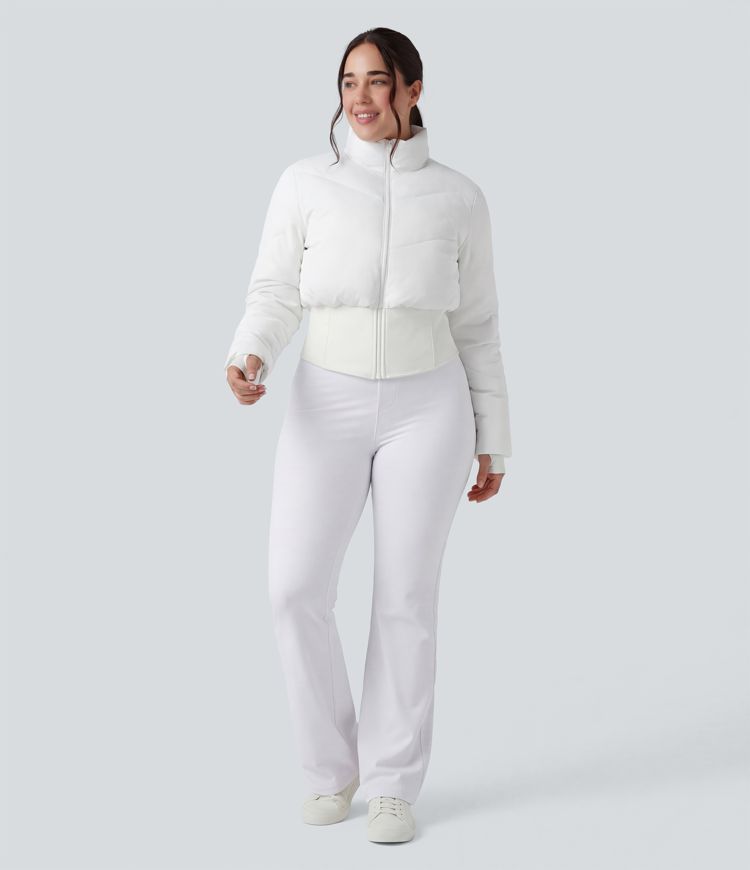 PuffFlex Plus Size 3-in-1 Stand Collar Casual Cropped Puffer Coat & Thumb Holes Curved Hem Jacket with Pockets