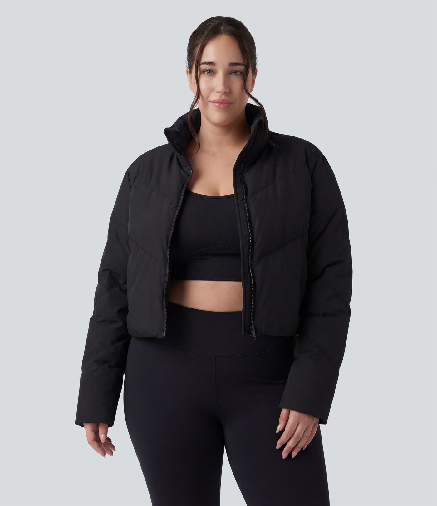 PuffFlex Plus Size 3-in-1 Stand Collar Casual Cropped Puffer Coat & Thumb Holes Curved Hem Jacket with Pockets