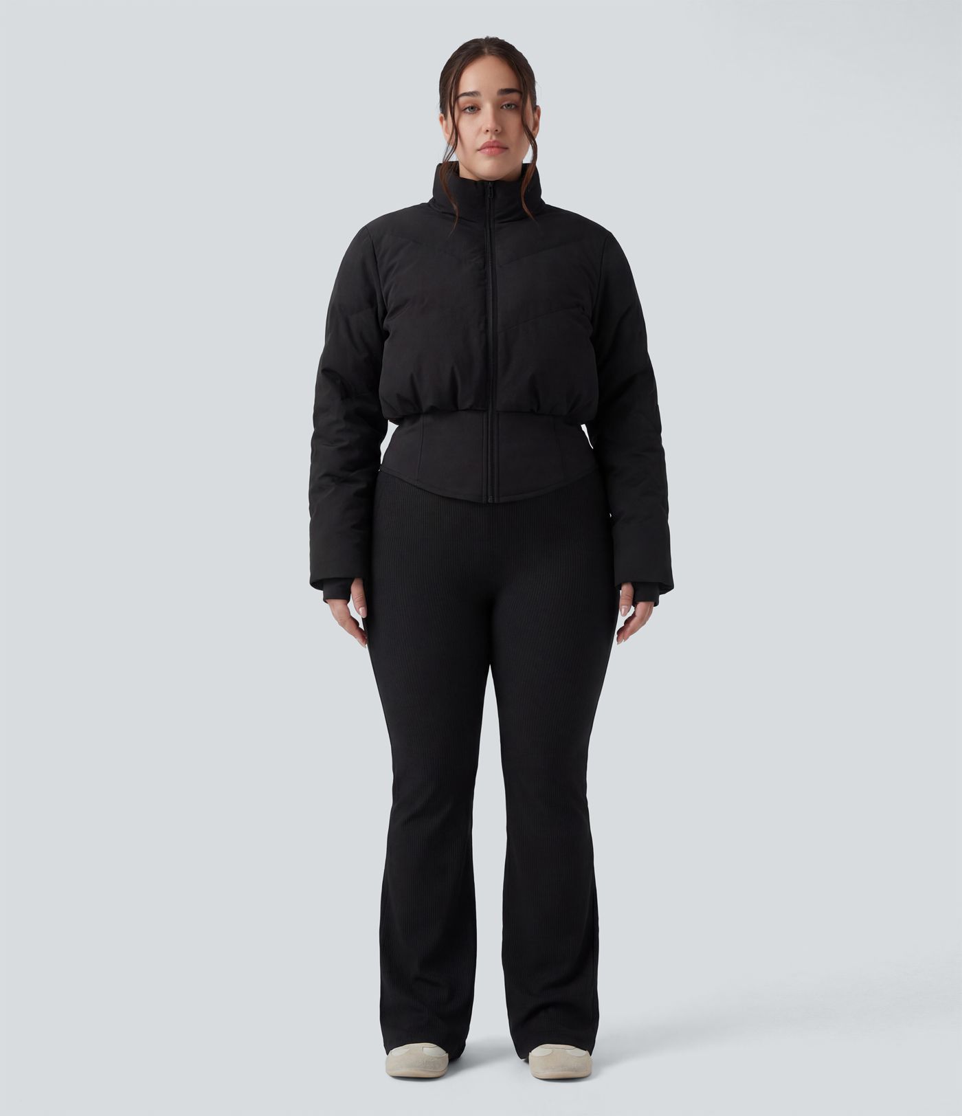 PuffFlex Plus Size 3-in-1 Stand Collar Casual Cropped Puffer Coat & Thumb Holes Curved Hem Jacket with Pockets