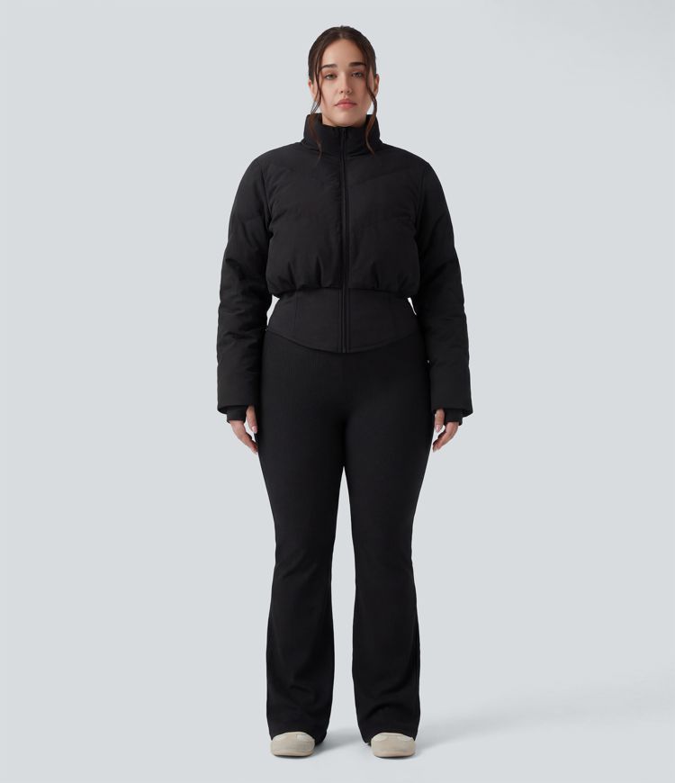 PuffFlex Plus Size 3-in-1 Stand Collar Casual Cropped Puffer Coat & Thumb Holes Curved Hem Jacket with Pockets