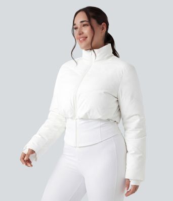 PuffFlex Plus Size 3-in-1 Stand Collar Casual Cropped Puffer Coat & Thumb Holes Curved Hem Jacket with Pockets