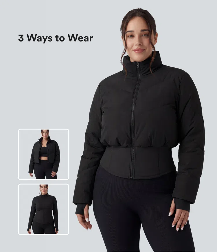PuffFlex Plus Size 3-in-1 Stand Collar Casual Cropped Puffer Coat & Thumb Holes Curved Hem Jacket with Pockets