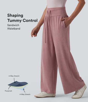 Pantalon casual large gainant taille haute à cordon de serrage avec poches Pantalon casual large gainant taille haute à cordon de serrage avec poches