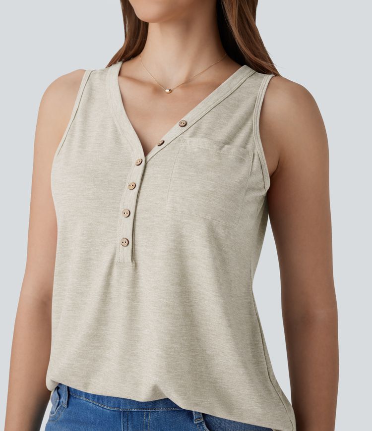 V Neck Sleeveless Decorative Casual Top