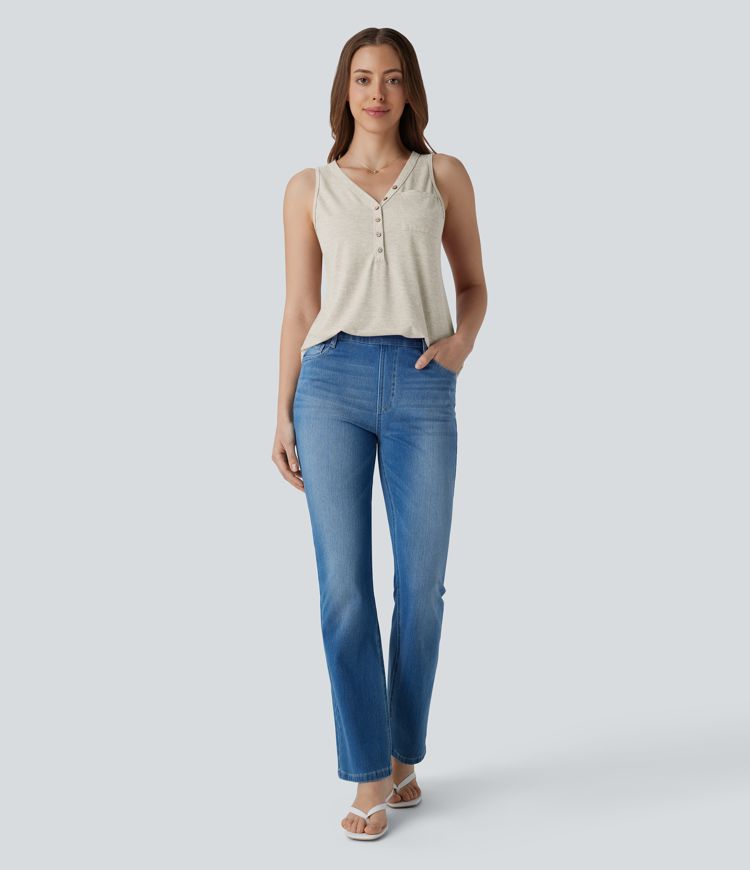 V Neck Sleeveless Decorative Casual Top