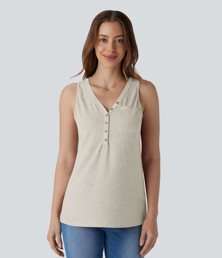V Neck Sleeveless Decorative Casual Top