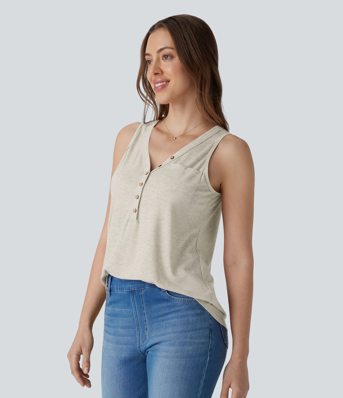 V Neck Sleeveless Decorative Casual Top