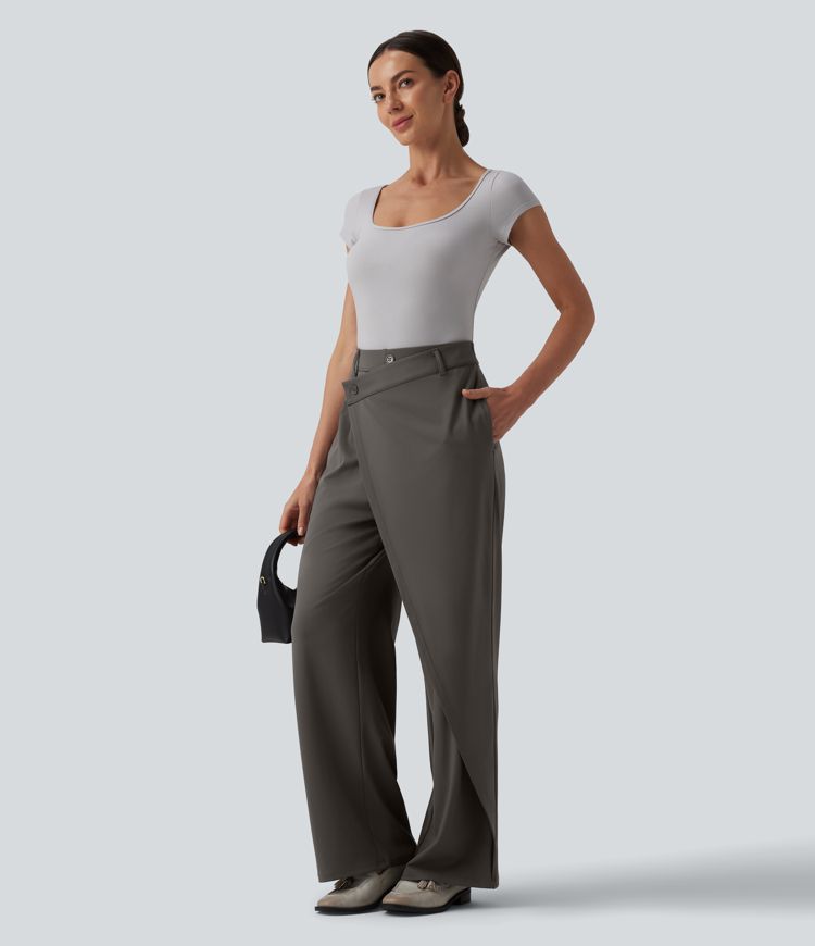 Halara Flex™ DayStretch Asymmetrical High Waisted Straight Leg Work Pants with Pockets