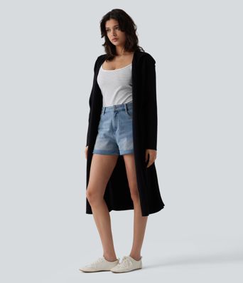 Lässige Longline-Strickjacke mit Kapuze, langen Ärmeln und offener Vorderseite