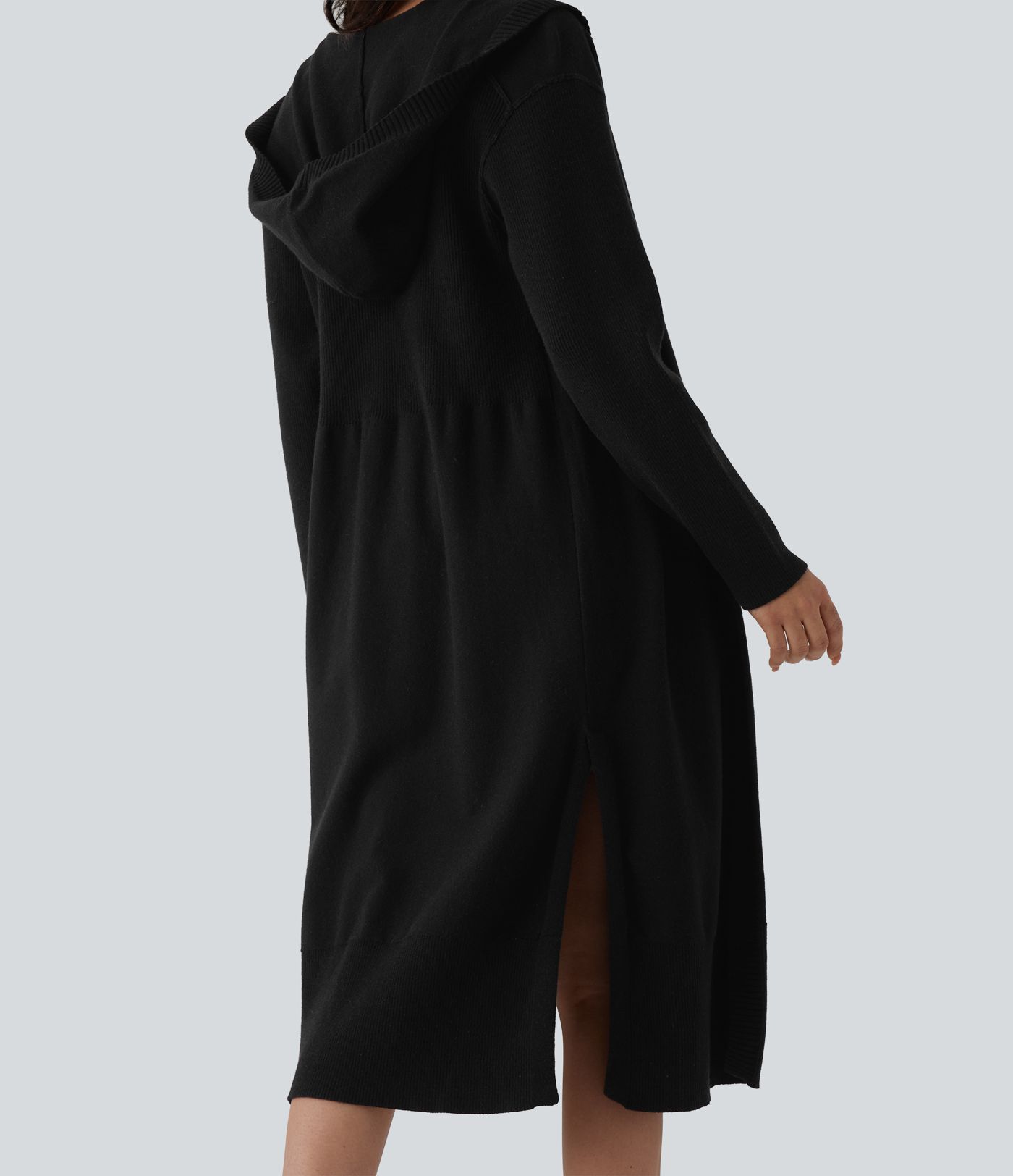 Lässige Longline-Strickjacke mit Kapuze, langen Ärmeln und offener Vorderseite