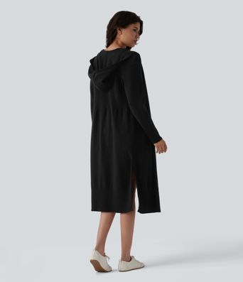 Lässige Longline-Strickjacke mit Kapuze, langen Ärmeln und offener Vorderseite