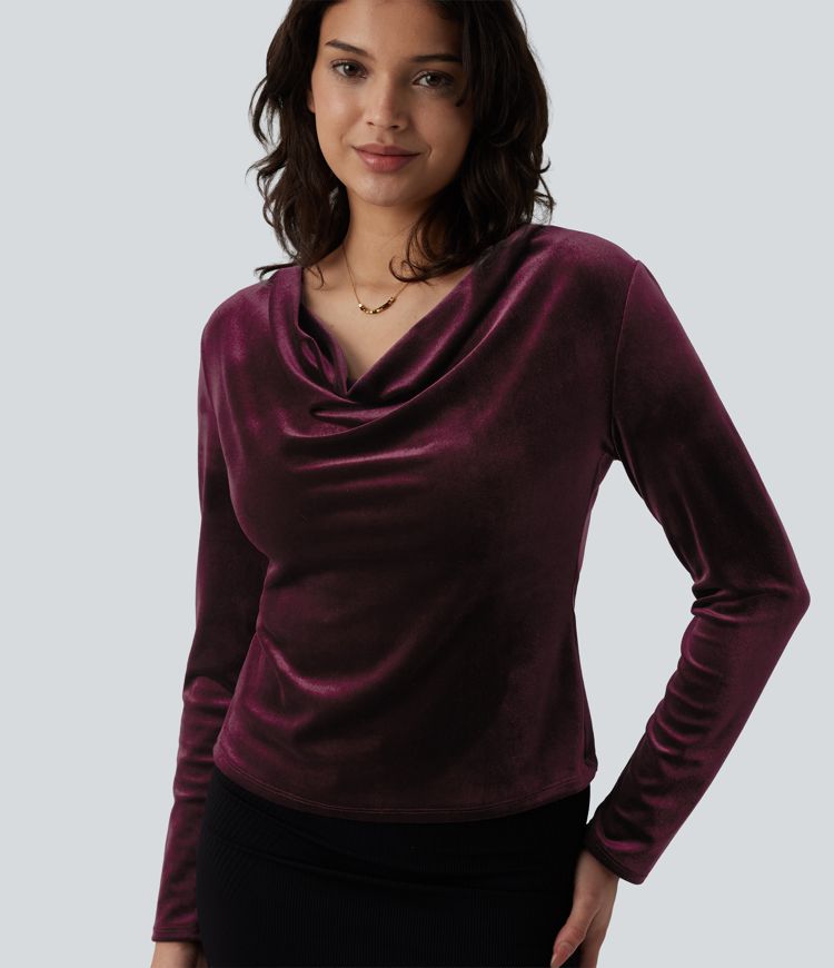 Cowl Neck Long Sleeve Velvet Top