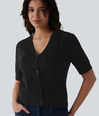 Casual short-sleeved V-neck cardigan