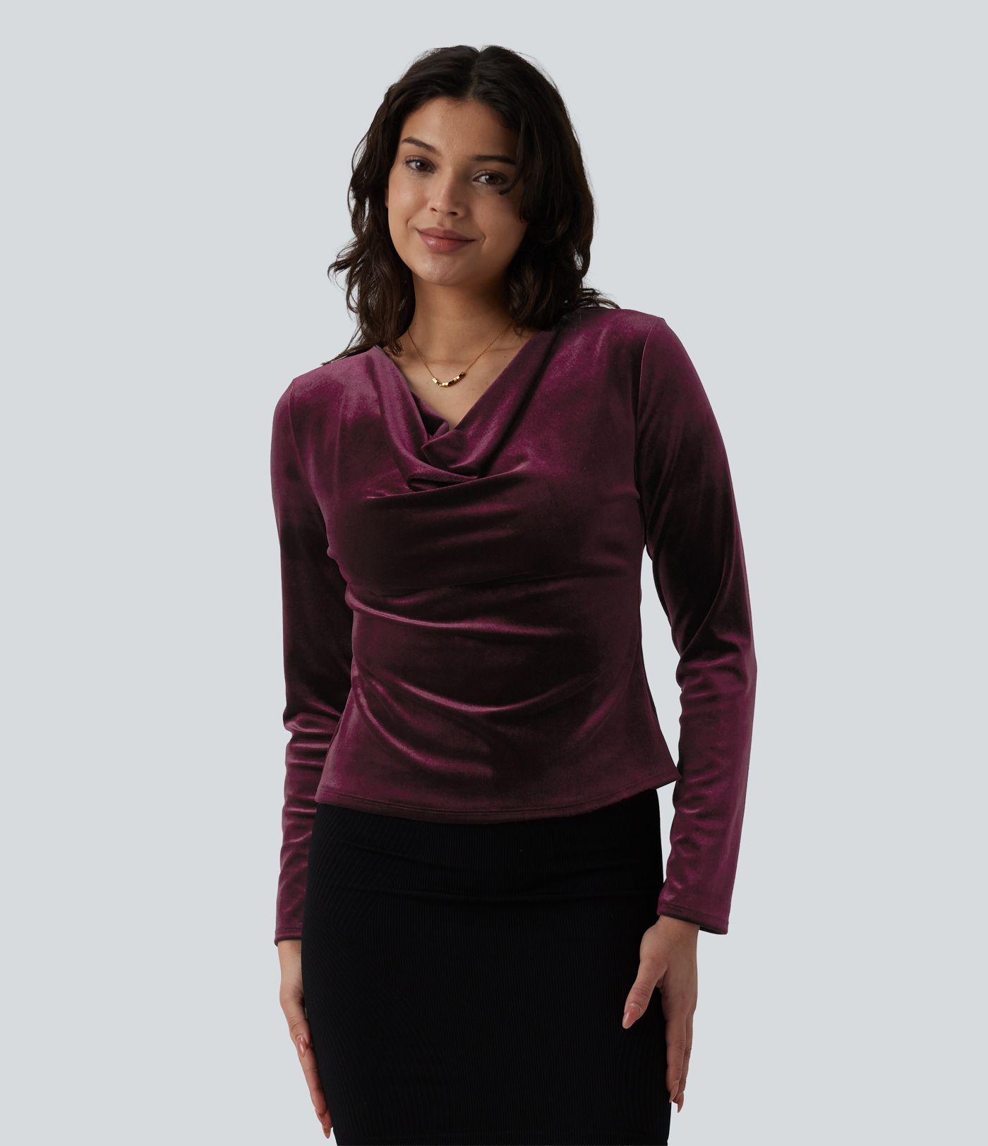 Cowl Neck Long Sleeve Velvet Top