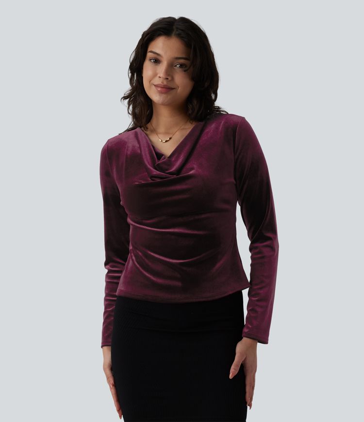 Cowl Neck Long Sleeve Velvet Top