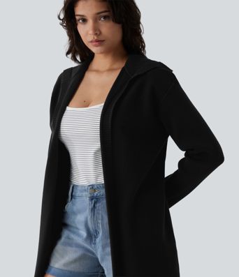 Lässige Longline-Strickjacke mit Kapuze, langen Ärmeln und offener Vorderseite