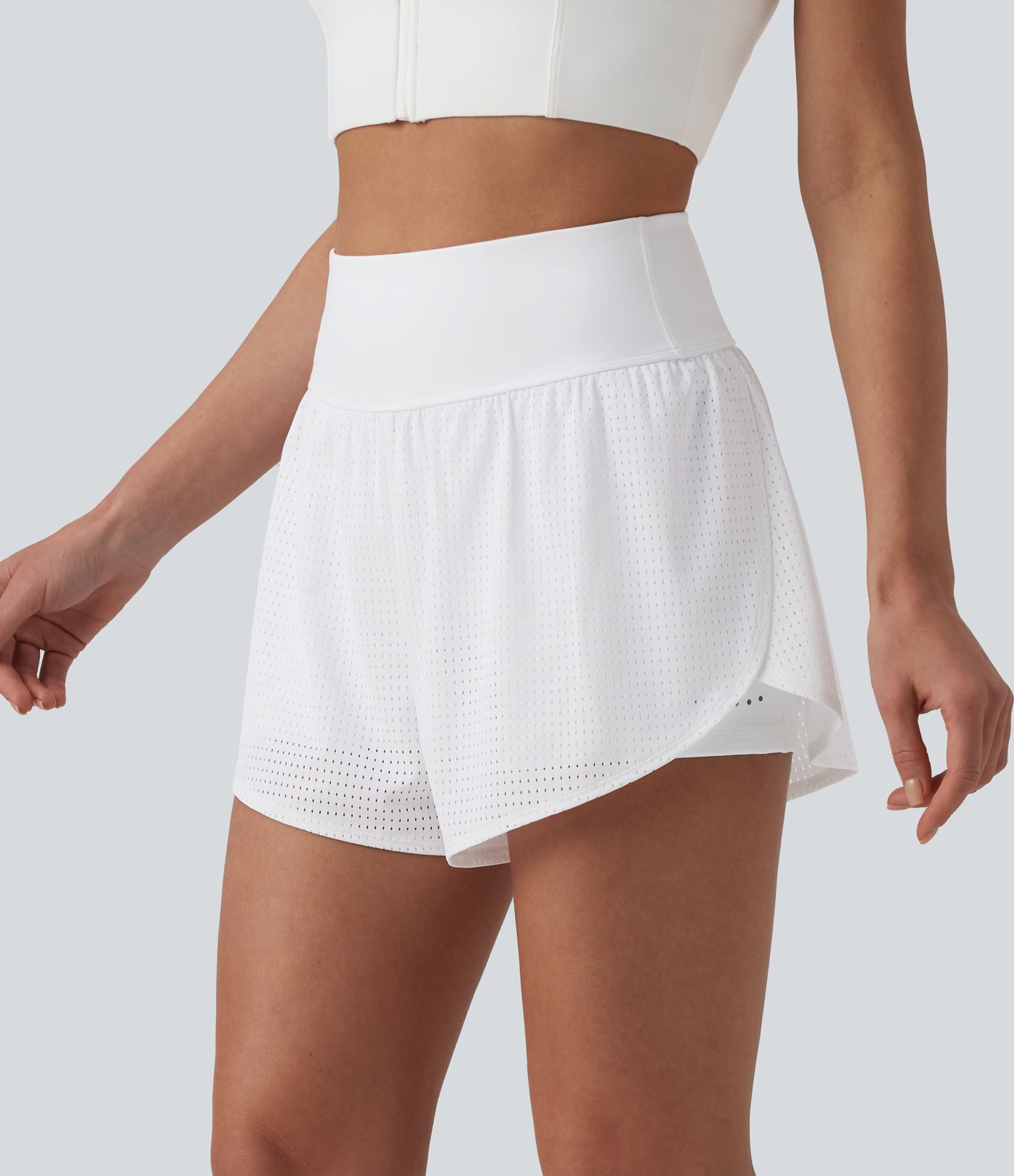 High Waisted Tummy Control Reflective Dots Crossover Curved Hem 2-in-1 Eyelet Yoga Shorts with Pockets