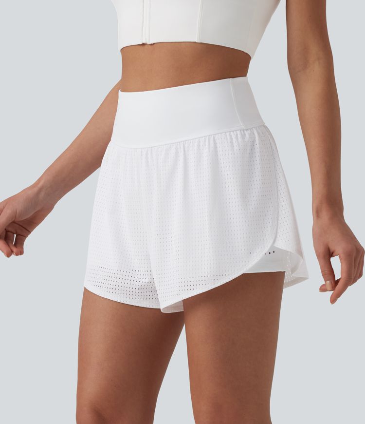 High Waisted Tummy Control Reflective Dots Crossover Curved Hem 2-in-1 Eyelet Yoga Shorts with Pockets