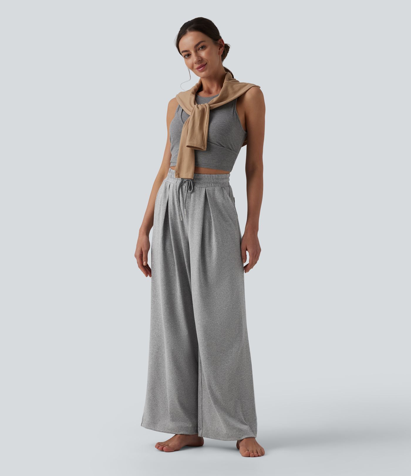 Pantalon yoga large taille haute à cordon de serrage avec poches