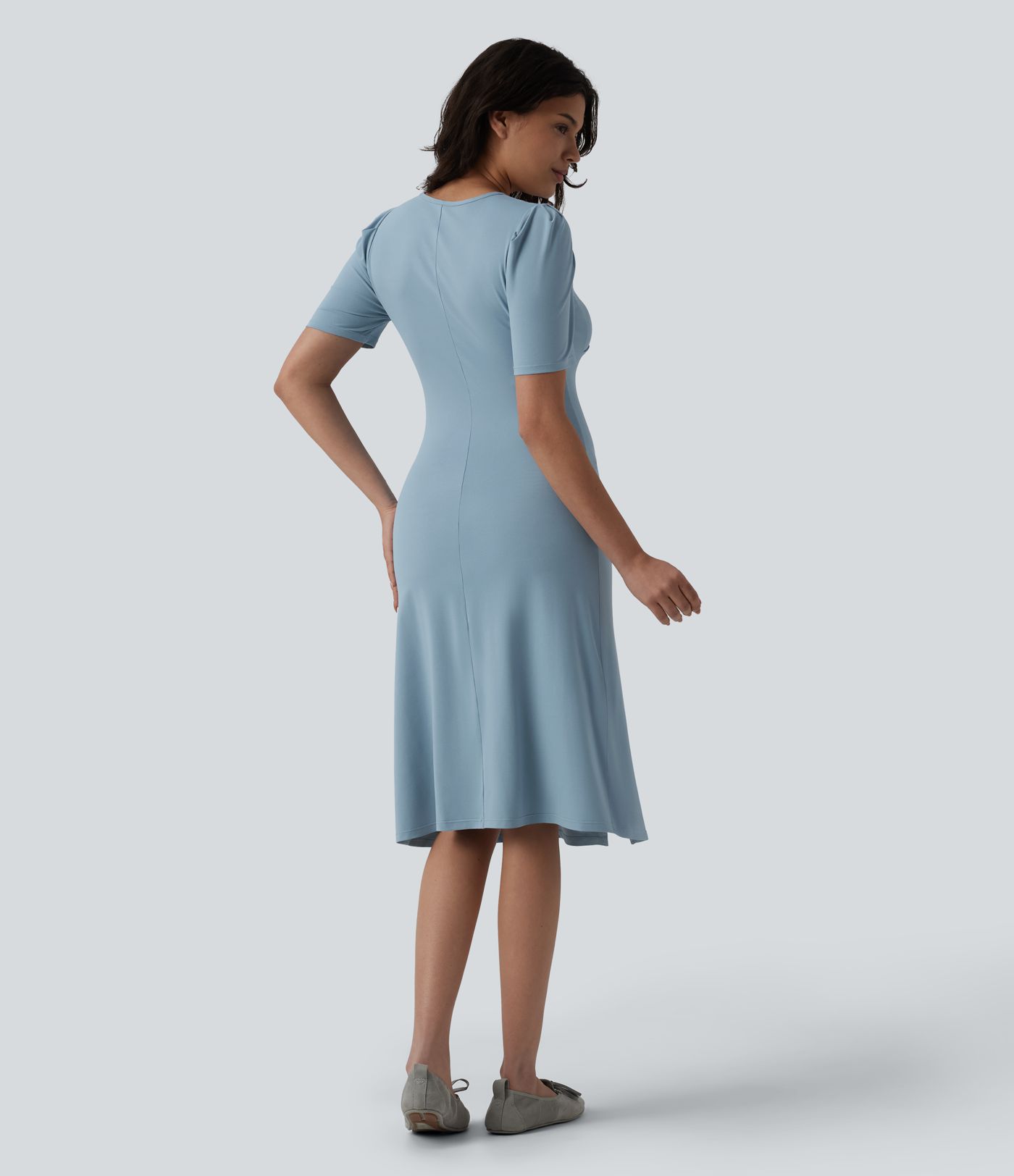 V Neck Short Sleeve Midi Casual Dress