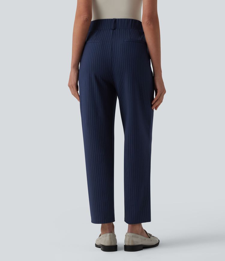 Pantalon tailleur fuselé 7/8 taille haute à rayures avec poches